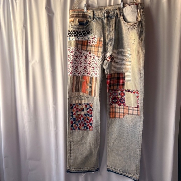 MNML Patchwork Denim Jeans Light Blue Wash Fabric Patches Button Fly Men's 36 - Picture 1 of 16